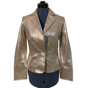 Vtg Cache Silver Gold Metallic Leather Short Blazer Jacket Glam Holiday Y2K 2